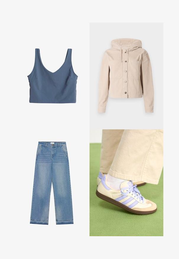 Béžová kordová bunda s kapucí, obsahující přední zapínání na knoflíky a dvě náprsní kapsy. Texturovaná látka s ribovaným vzorem.; Modrý zkrácený top bez rukávů s designem do V, vyrobený z hladkého materiálu. Má široké ramínka a detail jedné kapsy na boku.; Even&Odd Wide leg - blue denim; Krémové a levandulové tenisky se třemi pruhy a texturovanou hnědou podrážkou, vybavené tkaničkami a polstrovanou patou. Měkký textilní svršek.