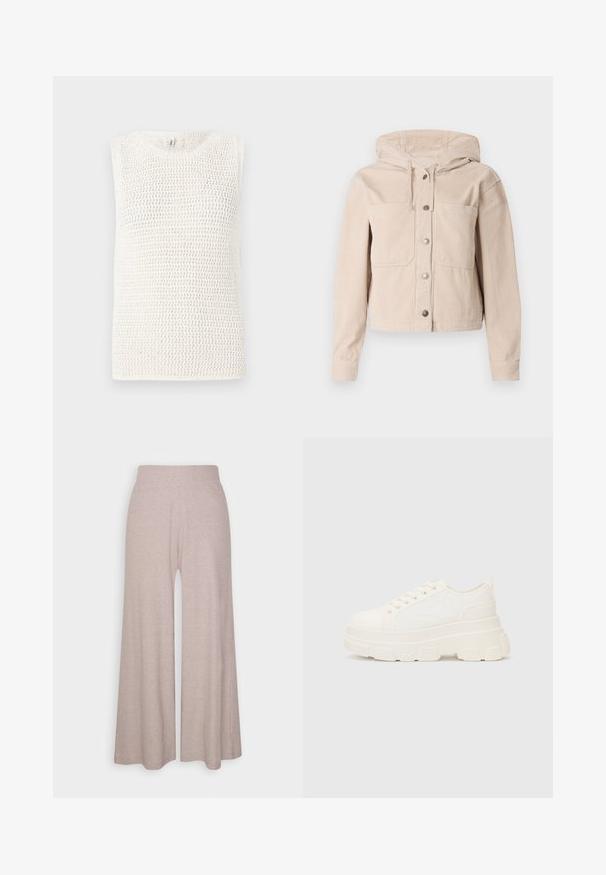 Beige Cord-Jacke mit Kapuze, mit einer vorderen Knopfleiste und zwei Brusttaschen. Strukturierter Stoff mit geripptem Muster.; Ärmelloses Stricktop in Off-White, mit einem offenen Strickmuster und einem runden Halsauschnitt. Der Stoff hat eine strukturierte Optik.; Hellgraue, weit geschnittene Hose aus weichem, geripptem Stoff, mit hohem Bund und langen Beinen, die eine subtile Textur aufweisen.; Weiße Leinensneaker mit einer massiven Sohle, abgerundeter Spitze und fünf Ösen für Schnürsenkel. Hinterer Tab für ein einfaches Anziehen. Glatte Textur, minimalistisches Design.