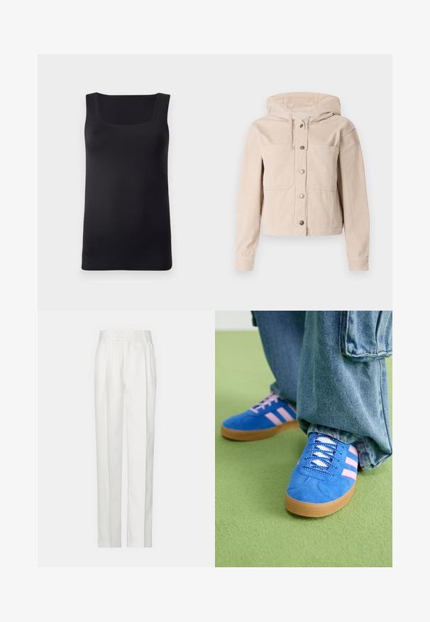 Bež jakna iz kordura z kapuco, ki ima sprednjo zapenjanje z gumbi in dve žepne na prsih. Teksturirana tkanina z rebrastim vzorcem.; Črn brezrokavnik s kvadratnim izrezom, izdelan iz gladkega materiala, s prilegajočo zasnovo in čistimi robovi, brez vidnih vzorcev ali dodatkov.; Bela hlače s črtastim vzorcem in ravnim krojem, izdelane iz lahkega materiala. Imajo naborke spredaj in tradicionalen pas.; Modri semiš čevlji z rožnatimi črtami in belimi vezalkami, z gumijastim podplatom, v kombinaciji z ohlapnimi jeans hlačami na zeleni površini.