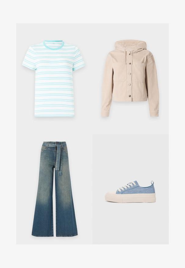 Chaqueta de pana beige con capucha, que presenta un cierre frontal con botones y dos bolsillos en el pecho. Tejido texturizado con patrón acanalado.; Camiseta de manga corta hecha de tela ligera, con rayas horizontales azul claro sobre un fondo blanco y un escote redondo a juego.; Pantalones de mezclilla de pierna ancha con un degradado de azul claro a oscuro, cintura alta, trabillas para cinturón y un cinturón de tela a juego. Acabado de mezclilla texturizada.; Zapatillas de lona azul claro con una puntera y suela de goma crema, que cuentan con cordones blancos y una lengüeta en el talón.