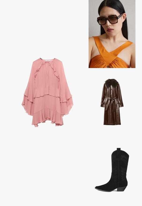 Ruskea nahkatakki, jossa on kiiltävä pinta, kihara teksturoitu kaulus, pitkät hihat ja vyötäröllä oleva yhteensopiva vyö.; Vaaleanpunainen sifonkimekko, jossa on rento istuvuus. Mekossa on röyhelöitä kauluksessa, hihoissa ja helmassa sekä nauhakiinnitys kauluksessa.; Musta samettinen cowboy-saapas, jossa on terävä kärki, keskikorkea varsiosa ja sahalaitapisto. Varustettu matalalla, kapealla korolla.; Ruske tortoiseshell oversize sunčane naočale s širokim pravokutnim okvirom i gradijentnim lećama. Zlati detalj s logotipom sa strane.