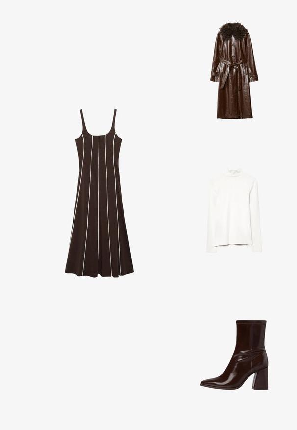 Hnědý kožený kabát s lesklým povrchem, s kudrnatým texturovaným límcem, dlouhými rukávy a odpovídajícím páskem v pase.; Bílý dlouhý rukáv turtleneck s mírně mačkaným límcem, vystavený na bílé ploše.; Hnědress bez rukávů s bílými vertikálními pruhy, vyrobený z měkké tkaniny, s upnutým topem a rozšířenou sukní. Žádné viditelné kovové prvky nebo akcenty.; Hnědé lakované kožené kotníkové boty s špičatou špičkou, elastickým kotníkem a chunky blokovým podpatkem. Elegantní design s hladkým povrchem.; Černá kožená kabelka s zakřiveným tvarem, která má dvě přední kapsy, zipové uzavření a nastavitelný popruh s kovovými akcenty.