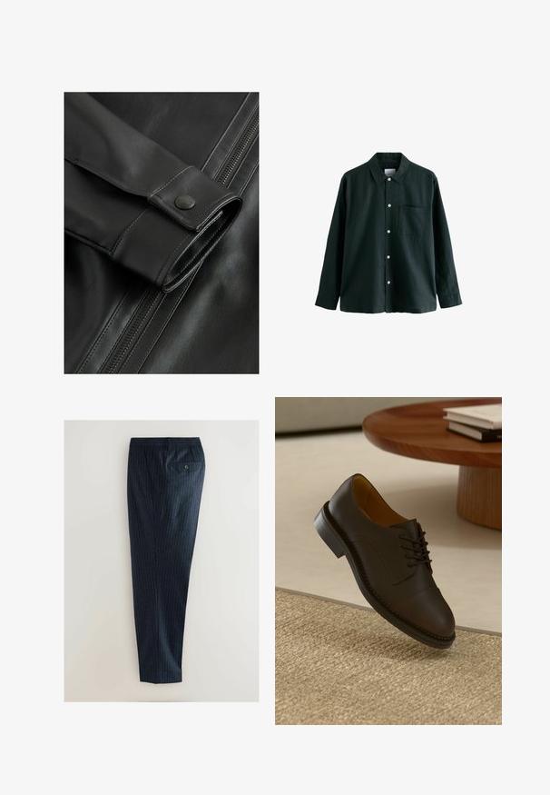 Primer plano de una chaqueta de cuero negra que presenta una textura suave, un acento de botón en la manga y una cremallera visible a lo largo del costado.; Camisa de botón de color verde oscuro con cuello, mangas largas y un bolsillo en el pecho; cuenta con botones blancos y una textura suave.; Pantalones a rayas azul marino con un diseño entallado, que cuentan con un bolsillo trasero y un cierre de botón. La tela tiene un acabado suave y texturizado.; Zapato de vestir de cuero marrón con un upper texturizado, diseño con cordones, costuras contrastantes y una suela de goma duradera, flotando sobre una alfombra tejida.