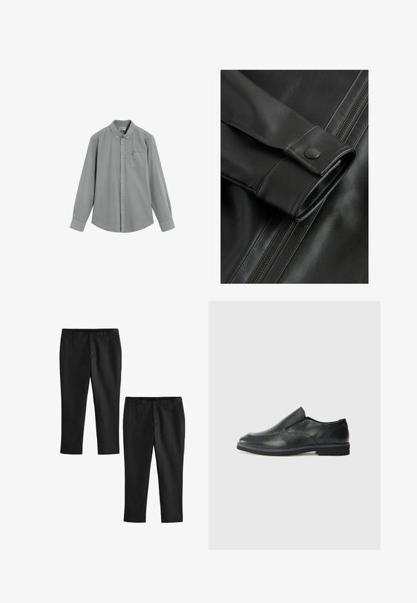 Prim-plan al unei jachete din piele neagră, evidențiind o textură netedă, un accent cu nasture pe mânecă și un fermoar vizibil pe lateral.; Cămașă cu mâneci lungi, gri, cu buzunar pe piept și guler cu nasturi, așezată plat pe un fundal alb.; Pantaloni negri, croiți, cu o textură netedă, având un design cu picior drept și talie medie. Se prezintă două perechi, una dintre ele fiind scurtă.; Pantof de piele neagră, tip slip-on, cu un superior neted, accente cusute, vârf rotunjit și un toc jos din cauciuc. Talpa are un profil minim de aderență.