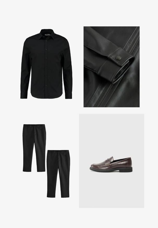 Fekete bőrkabát közeli felvétel, sima textúrával, gombos díszítéssel az ujjon, és látható cipzárral az oldalon.; Fekete, hosszú ujjú ing sima anyagból, gombos elülső résszel, hegyes gallérral, és testhez simuló fazonnal, ívelt alsó résszel.; Fekete szabott nadrág sima textúrával, egyenes lábbal és közepes derékkal. Két pár látható, az egyik cropped fazonú.; Barna bőr loaferek sima felülettel, finoman varrott részletekkel a felső részen és fekete gumitalppal.
