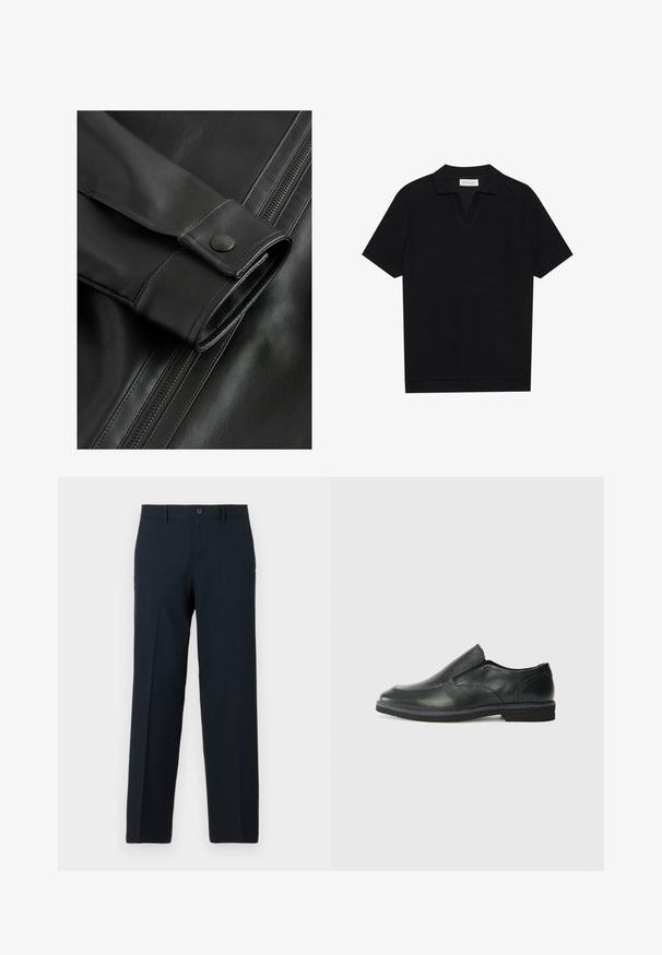 Must musta lähedane vaade mustale nahktagile, millel on sile tekstuur, nööpiga aksent varrukal ja külgmistel nähtavatel inglitel.; Must päikesepolo särk mustas värvitoonis, valmistatud tekstuurses ribakangas, millel on V-kaelus ja sirge äär. Ilma nähtavate logode või mustriteta.; Tumed meresinise värviga kudumiskangast püksid, mis on sirge sääre disainiga, ühe nupuga kinnitusega ja ees olevate voldi detailidega.; Must musta laia suuga king, millel on sile ülemine osa, õmmeldud detailid, ümmargune nina ja madal kummist konts. Tallal on minimaalne mustr.