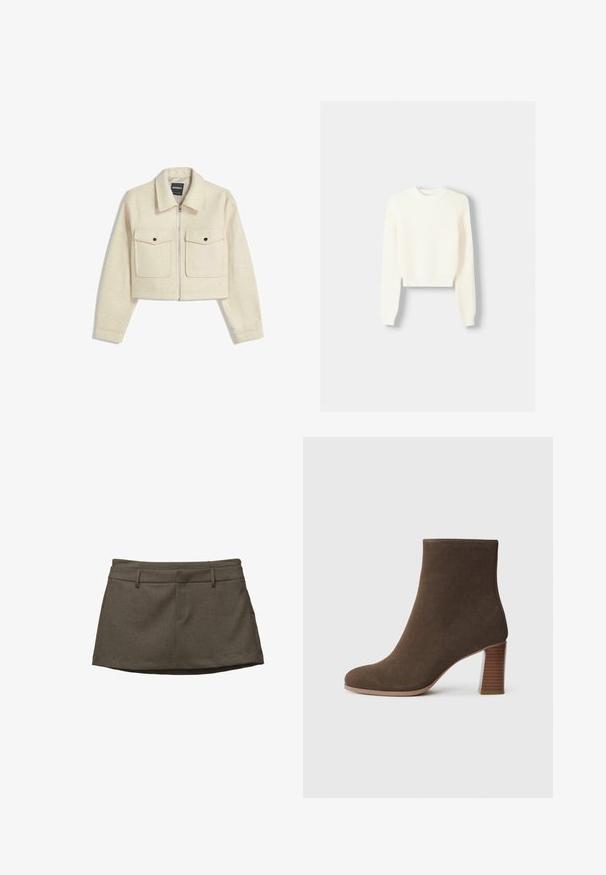 Korte beige jas van zachte stof, met een ritssluiting, puntige kraag en twee klepzakken met zwarte knopen.; Bershka ROUND NECK - Trui - beige; Bruine rok met een getailleerd ontwerp, voorzien van riemlusjes, twee voorzakken en een gestructureerde stof. De zoom is iets gebogen.; Bruine suède enkellaars met een ronde neus en een gestapelde, gestructureerde hak. Glad exterieur zonder zichtbare sluitingen of versieringen.