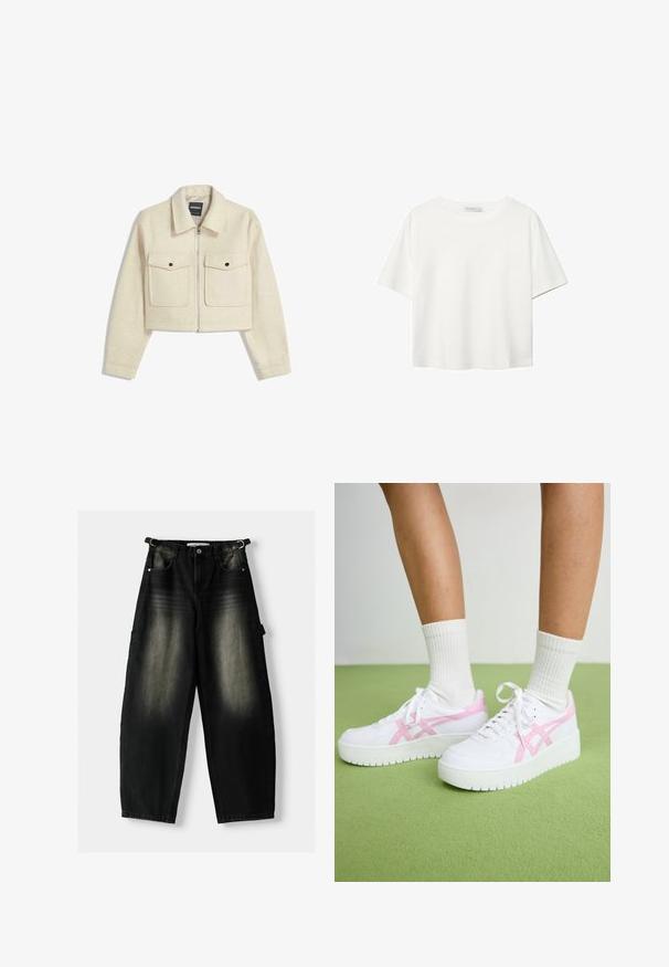 Skraćena bež jakna od mekanog materijala, s patentnim zatvaračem, šiljastim kragnom i dva preklopna džepa s crnim dugmadima.; Bijela majica kratkih rukava od pamuka. Ima okrugli izrez i opušteni kroj. Glatka tekstura bez vidljivih uzoraka ili naglasaka.; Nabrijani crni traperice s izbleđenom teksturom, pet džepova i petljom na struku. Dizajn se ističe ležernim krojem i ravnim nogavicama.; Bijele sportske tenisice s ružičastim detaljima, teksturiranim panelima i debelim gumiranim potplatima. Nosi se s bijelim rebrastim čarapama na zelenoj pozadini.
