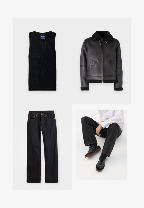 Black leather jacket with a plush black collar, zip closure, side pockets, and textured detailing on sleeves and hem.; Black ribbed tank top with a round neckline and cropped design. Made of lightweight fabric, featuring subtle texture and no embellishments.; Men’s straight-leg black denim jeans with five pockets and orange stitching, button and zip closure on front waistband.; Black sneakers with a smooth and textured upper, featuring a rubber sole and dark laces. Paired with black jeans and a white striped shirt.