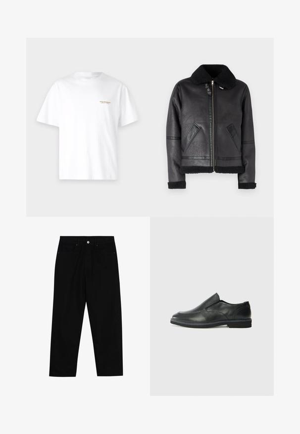 Juodas odinis švarkas su puriu juodu apykakliu, užtrauktuku, šoninėmis kišenėmis ir tekstūruotais rankovių bei apvado detalėmis.; Balta medvilnės marškinėliai trumpomis rankovėmis, su mažuoju auksiniu logotipu ant krūtinės. Klasikinis apvalus iškirpimas, lygus paviršius.; Juoda džinsinė kelnė su tiesiu kirpimu, penkių kišenių dizainu ir priekiniais mygtukais. Lygus paviršius su minimaliu siuvimo detalėmis.; Juodai odiniai įtvirtinimo batai su lygiu paviršiumi, siuvinėjimo akcentais, apvalia nosimi ir žemu guminiu kulnu. Pado raštas minimalus.