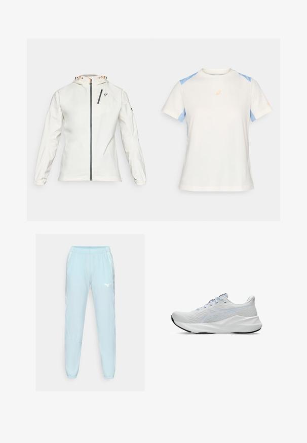 Lichte, witte jas met een rits aan de voorkant, een verstelbare capuchon en elastische manchetten. Voorzien van een grijze ritsborstzak en logo-accent.; Lichte korte mouwen t-shirt in crème met blauwe schouderpanelen. Heeft een oranje logo op de borst en contrasterende stikseldetails.; Lichtblauwe sportbroek van gladde stof, met een elastische tailleband, taps toelopende benen en een wit logo op de linker dij.; Witte sportieve sneakers met een ademende mesh bovenkant, lichtblauwe accenten, vetersluiting, opvallend logo-detail en een gestructureerde zool voor grip.