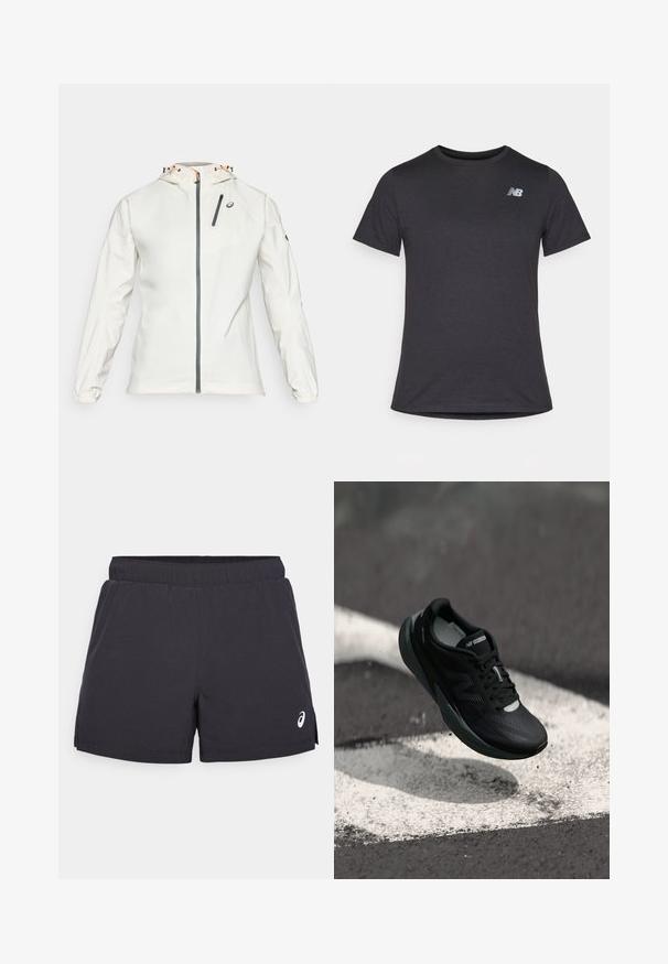 Könnyű, fehér dzseki, elől cipzárral, állítható kapucnival és rugalmas mandzsettával. Szürke cipzáros mellzsekkel és logóval díszítve.; Fekete, rövid ujjú póló puha anyagból, a bal felső mellrészen egy kis szürke New Balance logóval, klasszikus kerek nyakú fazonnal.; Fekete sportnadrág elasztikus derékpánttal, oldalhasítékokkal és fehér logóval a bal alsó oldalon. Simogató, könnyű anyag.; Fekete futócipő textúrált felsőrésszel, karcsú dizájnnal és fényvisszaverő részletekkel. Puha, párnázott talppal a kényelem érdekében.