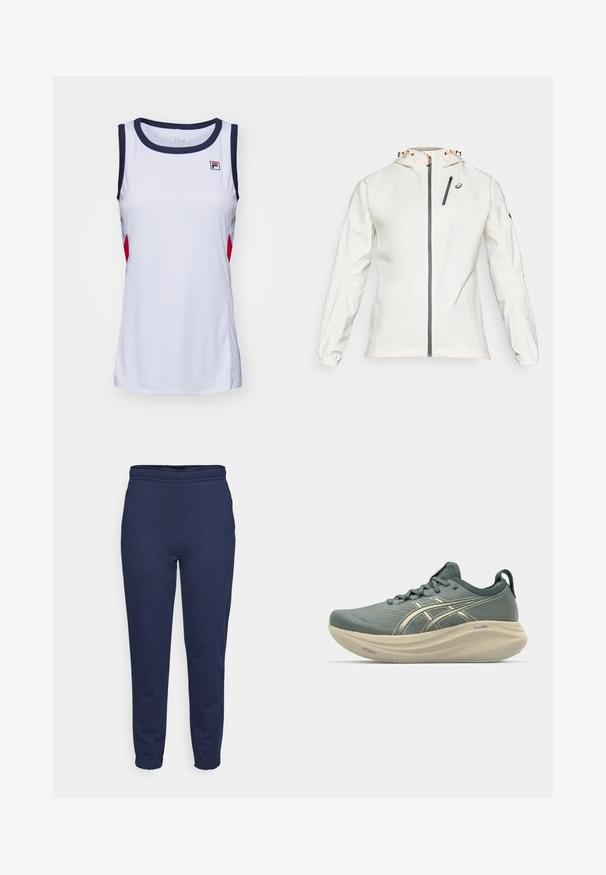 Lightweight, white jacket with a zip front, adjustable hood, and elastic cuffs. Features a grey zippered chest pocket and logo accent.; White sleeveless athletic top with navy trim and red accents. Features a crew neckline and Fila logo on the chest. Smooth, lightweight fabric.; Navy blue sweatpants with elastic waistband and ankle cuffs, front view, made of soft fabric for casual wear.; Lightweight running shoe in gray with a textured upper, laces, and a cushioned cream sole featuring a subtle green accent.