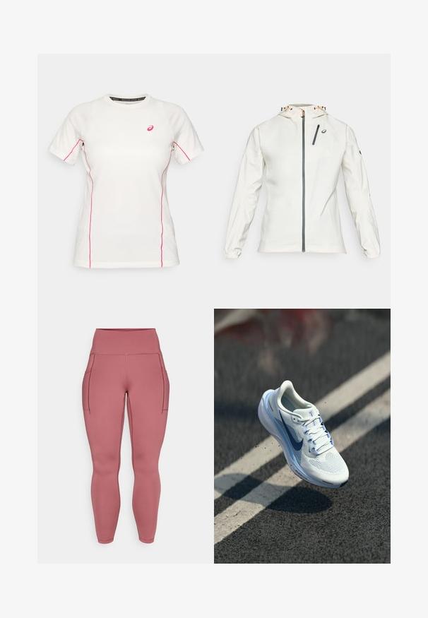 Giacca leggera bianca con zip frontale, cappuccio regolabile e polsini elasticizzati. Presenta una tasca sul petto con zip grigia e un accento con logo.; Maglietta sportiva bianca a maniche corte con cuciture rosa lungo i lati e le maniche, dotata di un piccolo logo rosa Asics sul petto.; Leggings rosa realizzati in tessuto elastico, dotati di due tasche laterali, un alto punto vita e dettagli lisci e senza cuciture in tutto il capo.; Scarpa sportiva bianca con tomaia in mesh traspirante e accenti blu. Caratterizzata da una suola ammortizzata e lacci piatti. La soletta mostra il marchio "Air Zoom".