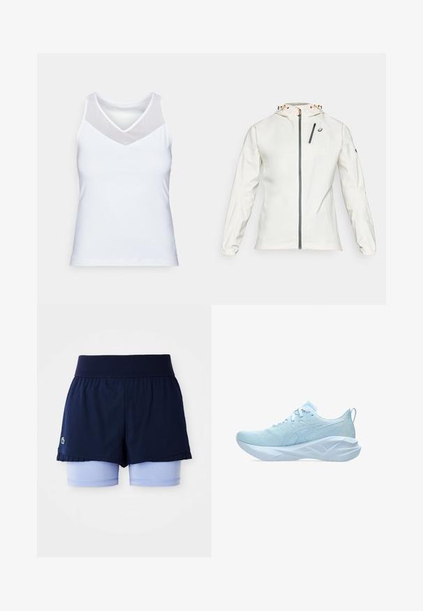 Lightweight, white jacket with a zip front, adjustable hood, and elastic cuffs. Features a grey zippered chest pocket and logo accent.; White tank top made of smooth fabric, featuring a V-neckline with sheer mesh detailing on the shoulders. Simple and fitted design.; Navy pleated tennis skirt with light blue fitted shorts underneath and a wide ribbed waistband.; Light blue athletic shoes featuring a mesh upper, flat laces, and a thick, textured sole with geometric accents for stability.