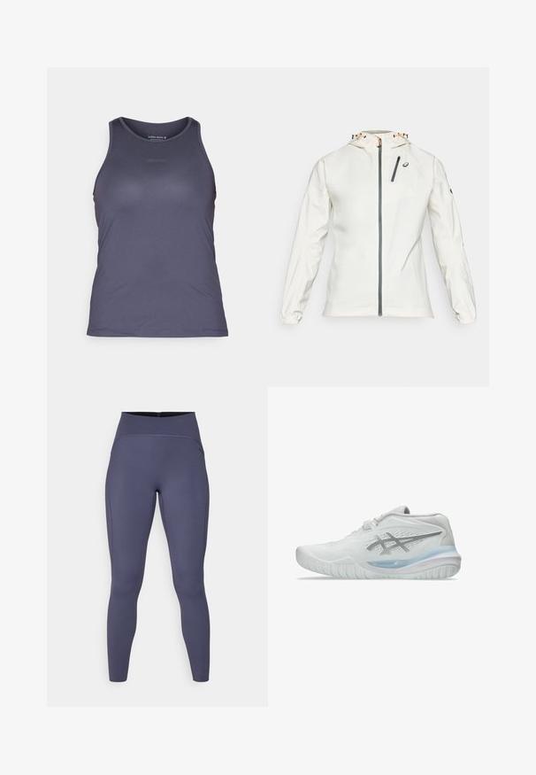 Lengvas, baltas švarkas su užtrauktuku priekyje, reguliuojama gobtuvu ir elastingais rankogaliais. Yra pilkas kišenė su užtrauktuku ant krūtinės ir logotipo akcentas.; Tamsiai violetinis sportinis tank top'as su apvaliu kaklu, lygiu paviršiumi ir subtiliu įspaustu 'BORG' logotipu priekyje. Keliaraiščio dizainas.; Aukštos juosmens kelnaitės vientisos tamsiai pilkos spalvos. Pagamintos iš elastingos medžiagos su plokščiais siūlėmis ir prigludusia, siaurėjančia kojų forma.; Balti sportiniai batai su tekstūruotu paviršiumi, turintys permatomą mėlyną padą ir subtilų pilką ženklą šone. Suapvalintas pirštas ir žemas profilis.