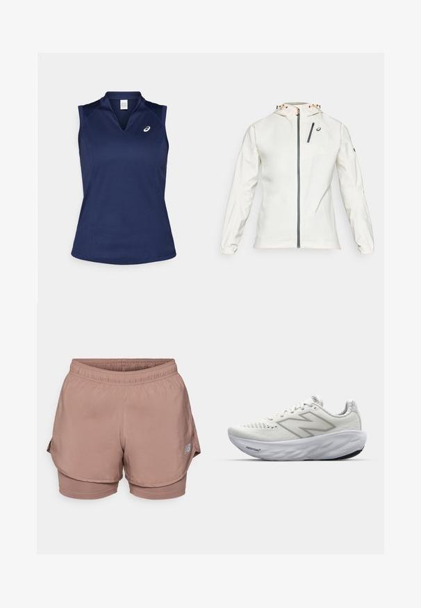 Lekka, biała kurtka z zamkiem z przodu, regulowanym kapturem i elastycznymi mankietami. Posiada szary zamykany na zamek kieszeń na piersi oraz akcent z logo.; Granatowa bezrękawnikowa koszulka sportowa z dekoltem w serek, wykonana z gładkiego, odprowadzającego wilgoć materiału; posiada płaskie szwy i małe logo na lewej piersi.; Jasnoróżowe szorty sportowe posiadają elastyczny pas, warstwowy krój oraz odblaskowy detal z logo z boku. Gładki materiał.; Białe buty sportowe z siateczkową cholewką, z wyściełanym kołnierzem, teksturowaną podeszwą i brandingiem "Fresh Foam" na śródpodeszwie.