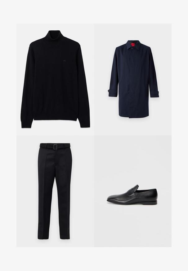 Sötétkék esőkabát hegyes gallérral, egylakatos záródással és gombos díszítéssel ellátott felgöngyölhető ujjakkal. Simas textura, minimális design.; Fekete garbó pulóver puha kötött anyagból, hosszú ujjakra és bordázott mandzsettákra, valamint aljra jellemző. Diszkrét fekete logó részlet a mellkason.; A fekete, szabott nadrág sima anyagból készült, egyenes szabású, és övvel rendelkezik, amelynek téglalap alakú csatja van. A figyelemre méltó elülső redők fokozzák a dizájnt.; Fekete bőr, slip-on stílusú cipő, hegyes orral, sima textúrával és diszkrét logóval az oldalon. Alacsony sarokkal és letisztult, minimalista dizájnnal.