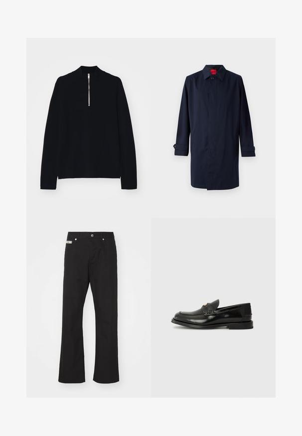 Marineblauwe trenchcoat met een puntige kraag, enkele knoopsluiting en opgerolde mouwen met knoopaccenten. Gladde textuur, minimalistisch ontwerp.; Zwarte langslavige top gemaakt van een zachte stof, met een hoge col en een halve rits aan de voorkant, in een relaxte pasvorm.; Zwarte katoenen broek met een rechte pijpdesign, voorzien van een sluiting met een knoop aan de voorkant, twee zijzakken en een klein merklabel op de tailleband.; Zwarte leren instapper met een ronde neus, decoratieve stiksels en een kleine voorklep. Platte rubberen zool met een minimale hak.