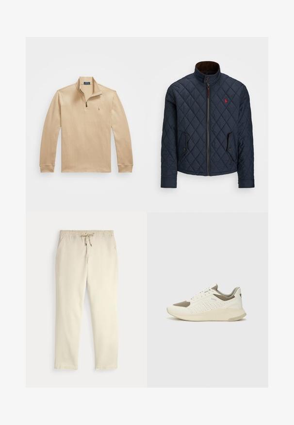 Marineblå quiltet jakke med høy krage, glidelås, to lommer med knapp og et lite rødt emblem på brystet. Myk tekstur.; Beige langermet polo-skjorte med glidelåshals, laget av teksturert stoff, med en liten brodert logo på venstre bryst.; Off-white kosebukser med elastisk midje og snor, rette ben og sidelommer mot en ensfarget bakgrunn.; Hvit og lysebeige treningssko, med en mesh-overdel, perforerte detaljer og en teksturert mellomsåle med merkevare på hælen.