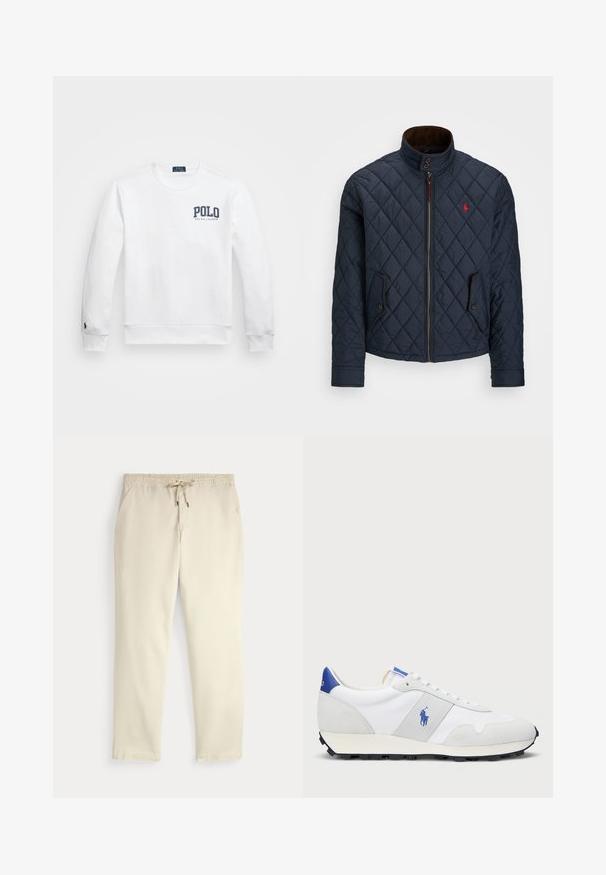 Marineblå quiltet jakke med høy krage, glidelås, to lommer med knapp og et lite rødt emblem på brystet. Myk tekstur.; Hvit sweatshirt med rund hals, som har en marineblå "POLO RALPH LAUREN" logo på brystet og et lite marineblått hestemblem på mansjetten.; Off-white kosebukser med elastisk midje og snor, rette ben og sidelommer mot en ensfarget bakgrunn.; Hvit trening sneaker med grå semsket skinn-accents, mesh-overdel, blå hælflik og svart gummi såle. Har snøring og logo.