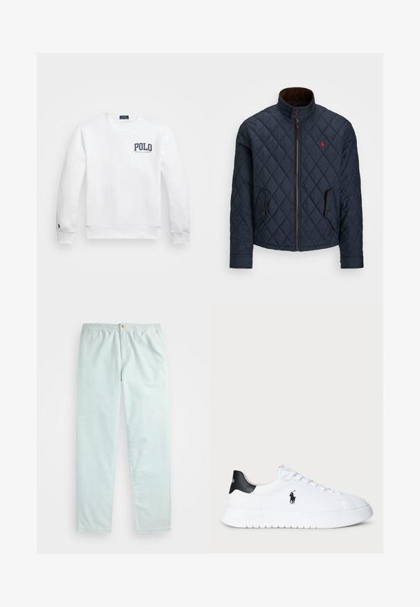 Marineblå quiltet jakke med høy krage, glidelås, to lommer med knapp og et lite rødt emblem på brystet. Myk tekstur.; Hvit sweatshirt med rund hals, som har en marineblå "POLO RALPH LAUREN" logo på brystet og et lite marineblått hestemblem på mansjetten.; Lyseblå, avslappede bukser med elastisk linning, med sidelommer og en enkelt knappelukking foran.; Hvit lavt beskåret sneaker med svart hælflik og svart Polo Ralph Lauren-logo på siden, med hvite lisser og tykk gummisåle.