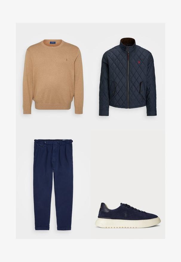 Tamsiai mėlynas siuvinėtas švarkas su aukštu apykakle, užtrauktuku, dviem kišenėmis su mygtukais ir mažu raudonu emblema krūtinėje. Minkšta tekstūra.; Smėlinis džemperis su apvalia iškirpte, pagamintas iš minkštos medžiagos, su įsiūta apačia ir rankogaliais, ant krūtinės mažas siuvinėtas logotipas.; Jūriniai chinos kelnės, pagamintos iš medvilnės, pasižyminčios tiesia kirpimo forma, priekinėmis raukšlėmis, sagčių uždarymu ir užvyniotais džinsais. Lygus tekstūra su minimalizuotu dizainu.; Tamsiai mėlyni jovimo odos žemi sportbačiai su tekstūruotu paviršiumi, guma padais ir tonuotais raišteliais, su mažu logotipu šone ir ant kulno.