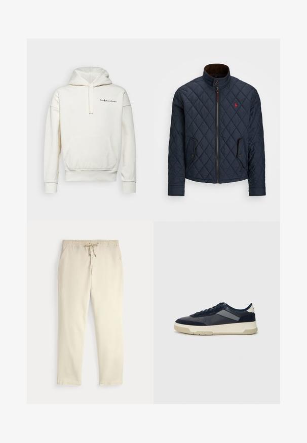 Casaco acolchoado azul-marinho com gola alta, fecho de correr, dois bolsos com botão e um pequeno emblema vermelho no peito. Textura suave.; Polo Ralph Lauren RELAXED FIT LOGO FLEECE HOODIE - Sweatshirt com capuz - nevis; Calças casuais off-white com cintura elástica e cordão, pernas retas e bolsos laterais, contra um fundo liso.; BOSS BALTIMORE - Sapatilhas - open blue