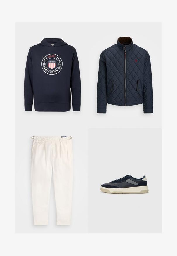 Jachetă cu quilt navy, cu guler înalt, închidere cu fermoar, două buzunare cu buton și un mic emblema roșie pe piept. Textură moale.; Hanorac bleumarin din material moale. Prezintă un logo circular cu accente roșii, albe și albastre, text și un glugă cu șnur.; Pantaloni dintr-un amestec de bumbac alb, cu o croială lejeră, față pliată și bucle pentru curea. Se evidențiază prin buzunare laterale și tivuri cu manșetă.; BOSS BALTIMORE - Sneakers low - open blue