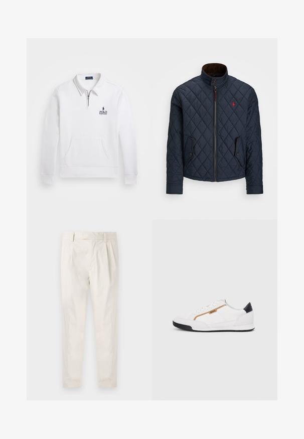Mornarska podložena jakna z visokim ovratnikom, zadrgo, dvema žepoma na gumb in majhnim rdečim emblemom na prsih. Mehka tekstura.; Bela pulover jopica z četrt zadrgo, sprednjim žepom in marinastovrsto izvezenim logotipom. Narejena iz mehkega blaga, z značilnim ovratnikom.; Bele, plisirane hlače s krojenim prileganjem, z gladko teksturo, z zankami za pas in ožjimi hlačnicami. Brez vidnih žepov ali vzorcev.; Bele športne čevlje z mrežnimi in usnjenimi detajli. Opremljeni so z zlatim logotipom "BOSS", teksturiranimi stranskimi paneli in črnim kapcom na peti. Guma podplat.
