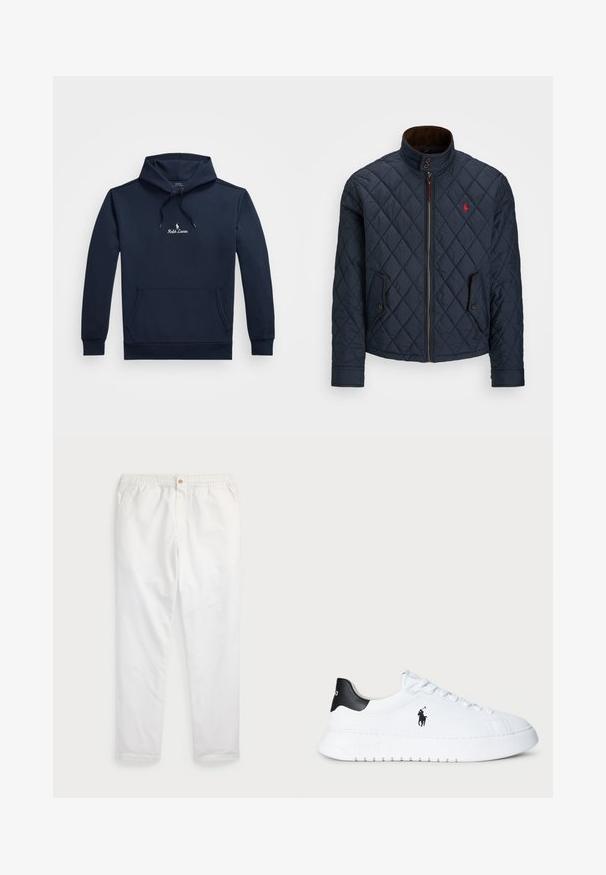 Jachetă cu quilt navy, cu guler înalt, închidere cu fermoar, două buzunare cu buton și un mic emblema roșie pe piept. Textură moale.; Hanorac bleumarin cu buzunar frontal, glugă cu șnur ajustabil și un mic logo alb Ralph Lauren centrat pe piept.; Pantaloni albi din bumbac cu un tiv elastic la talie, dotat cu un singur buton aurit, design drept, textură netedă și fără modele vizibile.; Adidași joși albi cu tab de călcâi negru și logo-ul Polo Ralph Lauren pe lateral, având șireturi albe și o talpă groasă din cauciuc.