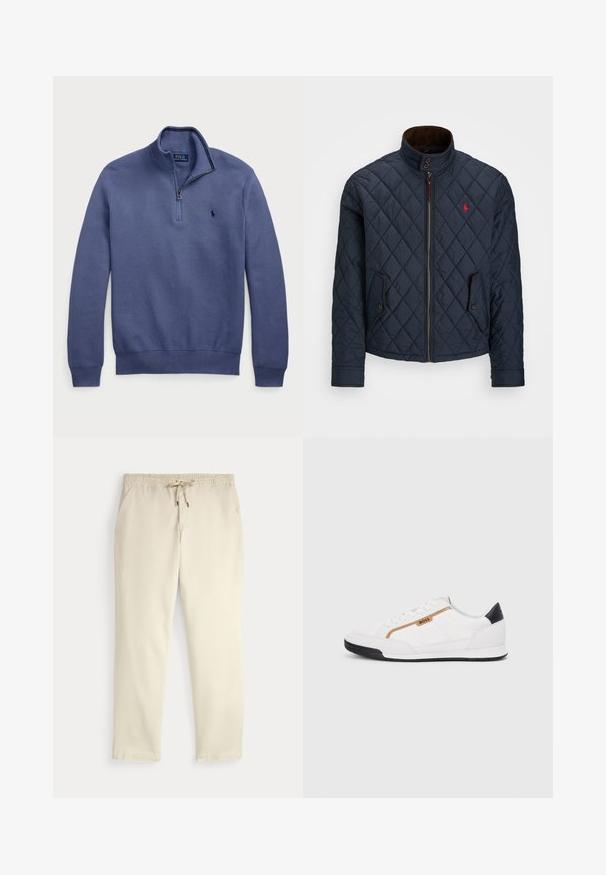 Casaco acolchoado azul-marinho com gola alta, fecho de correr, dois bolsos com botão e um pequeno emblema vermelho no peito. Textura suave.; Sweater azul-marinho com gola de meia-zíper, textura de malha e logótipo bordado no peito. Punhos e bainha canelados. Tecido leve.; Calças casuais off-white com cintura elástica e cordão, pernas retas e bolsos laterais, contra um fundo liso.; Tênis atléticos brancos com detalhes em malha e couro. Apresenta um logotipo dourado "BOSS", painéis laterais texturizados e um capô de calcanhar preto. Sola em borracha.