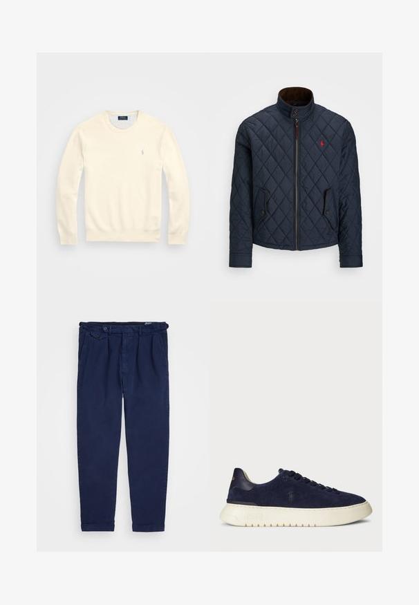 Marinblå kviltad jacka med hög krage, dragkedja, två knappfickor och ett litet rött emblem på bröstet. Mjuk textur.; Polo Ralph Lauren MESH-KNIT COTTON CREWNECK SWEATER - Stickad tröja - herbal milk; Marina chinos i bomull, med rak benmodell, framfickor, knäppning och upprullade muddar. Slät textur med minimalistisk design.; Mörkblå mocka låg top sneaker med en strukturerad yta, gummisula och tonade snören, med en liten logotyp på sidan och hälen.