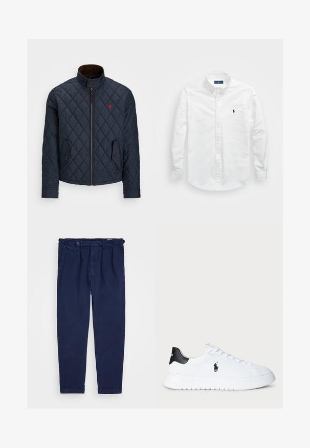 Navy quilted jacket with a high collar, zip closure, two buttoned pockets, and a small red emblem on the chest. Soft texture.; White button-up shirt made of cotton. Features a pointed collar, long sleeves, and a small navy logo on the chest. Smooth texture.; Navy chinos made from cotton, featuring a straight-leg cut, front pleats, button closure, and rolled cuffs. Smooth texture with minimal design.; White low-top sneaker with black heel tab and black Polo Ralph Lauren logo on side, featuring white laces and thick rubber sole.