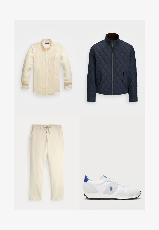 Marineblå quiltet jakke med høy krage, glidelås, to lommer med knapp og et lite rødt emblem på brystet. Myk tekstur.; Langermet skjorte med knapper i lys beige bomull, med klassisk krage og en liten marineblå logo på venstre bryst.; Off-white kosebukser med elastisk midje og snor, rette ben og sidelommer mot en ensfarget bakgrunn.; Hvit trening sneaker med grå semsket skinn-accents, mesh-overdel, blå hælflik og svart gummi såle. Har snøring og logo.