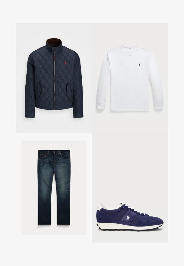 Tamsiai mėlynas siuvinėtas švarkas su aukštu apykakle, užtrauktuku, dviem kišenėmis su mygtukais ir mažu raudonu emblema krūtinėje. Minkšta tekstūra.; Ilgų rankovių baltas T-shirt, pagamintas iš medvilnės, turi apykaklę ir mažą tamsiai mėlyną logotipą kairėje krūtinės pusėje. Sklandus tekstūros, paprastas dizainas.; Tamsiai mėlyni džinsai iš džinso audinio su tiesiomis kojų linijomis, subtiliai išeikvotu audiniu prie kelių ir oranžinėmis siūlėmis kišenėse bei siūlėse.; Jūrų pajėgų sportbačiai, pagaminti iš zomšos ir audinio, su baltais raišteliais, guma padą ir mažu logotipu šone.