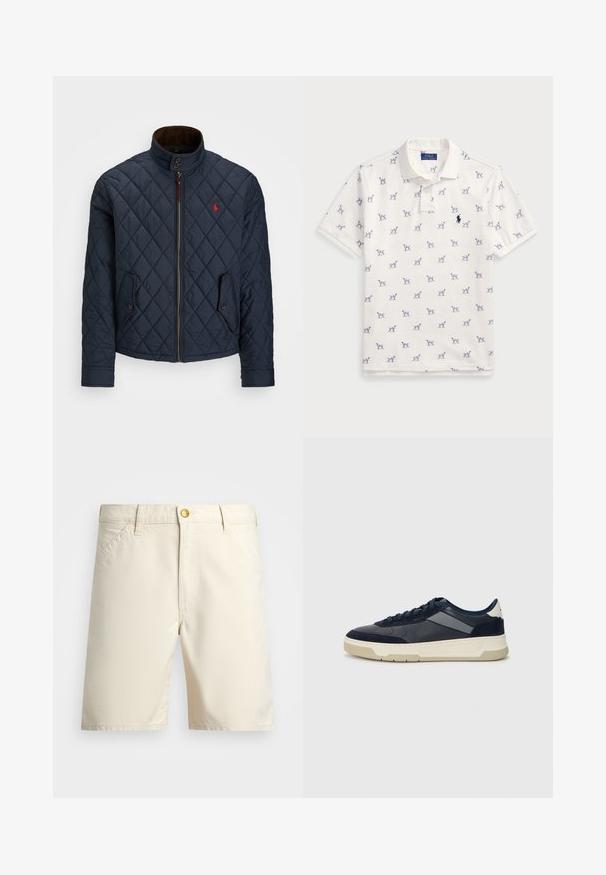Marineblå quiltet jakke med høy krage, glidelås, to lommer med knapp og et lite rødt emblem på brystet. Myk tekstur.; Hvit polo skjorte laget av bomull, med et gjentatt blått hundemønster og en liten blå logo på brystet. Kortermet og med krage.; Beige shorts laget av lett materiale, med knappelukking, beltehemper og sidelommer. Enkelt design med rene linjer.; BOSS BALTIMORE - Joggesko - open blue