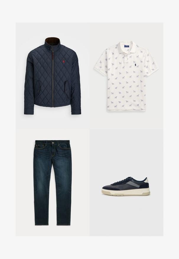 Tamsiai mėlynas siuvinėtas švarkas su aukštu apykakle, užtrauktuku, dviem kišenėmis su mygtukais ir mažu raudonu emblema krūtinėje. Minkšta tekstūra.; Balta polo marškiniai, pagaminti iš medvilnės, su pasikartojančiu mėlynu šunų raštu ir mažuoju mėlynu logotipu ant krūtinės. Trumpomis rankovėmis ir apykakle.; Tamsios džinsinės kelnės su siauru kirpimu. Ypatybės: mygtukų užsegimas, penkios kišenės ir kontrastingi geltoni siūlai. Lygus paviršius, tiesios kelnės.; BOSS BALTIMORE - Sportbačiai - open blue