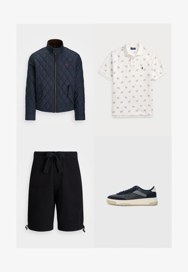 Marineblå quiltet jakke med høy krage, glidelås, to lommer med knapp og et lite rødt emblem på brystet. Myk tekstur.; Hvit polo skjorte laget av bomull, med et gjentatt blått hundemønster og en liten blå logo på brystet. Kortermet og med krage.; Sorte svømmebukser laget av lett stoff, med snøring i livet og justerbare toggler ved kanten.; BOSS BALTIMORE - Joggesko - open blue