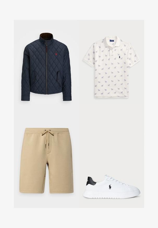 Jūras spēku zilu šūtu sveci ar augsto apkakli, rāvējslēdzēja aizdari, divām pogām aizveramām kabatām un mazu sarkanu emblēmu uz krūšu daļas. Mīksta tekstūra.; Balta polo krekls, kas izgatavots no kokvilnas, ar atkārtotu zilu suņu rakstu un mazu zilu logo uz krūšu daļas. Īsas piedurknes un apkakle.; Polo Ralph Lauren 9-INCH DOUBLE-KNIT SHORT
- Šorti - classic khaki; Baltas zems sports apavi ar melnu papēdi un melnu Polo Ralph Lauren logotipu sānos, ar baltām auklām un biezu gumijas zoli.