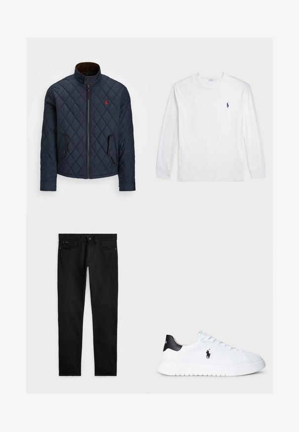Sötétkék steppelt dzseki magas gallérral, cipzáras záródással, két gombos zsebbel és egy kis piros emblémával a mellkason. Puha tapintású.; Fehér, hosszú ujjú póló, pamutból készült. Kerek nyakkivágással, bordás mandzsettákkal és egy kis sötétkék polo logóval a bal mellen.; Fekete farmernadrág, klasszikus öt zsebes dizájnnal, gombos záródással és egyenes lábszárral, sima, egyenletes textúrával.; Fehér alacsony szárú sportcipő fekete saroktabbal és fekete Polo Ralph Lauren logóval az oldalon, fehér fűzőkkel és vastag gumitalppal.