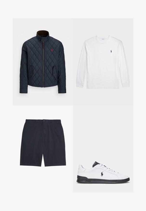 Tamnoplavi šiveni kaput s visokim ovratnikom, zatvaranjem na zatvarač, dva džepa na dugme i malim crvenim grbom na prsima. Mekana tekstura.; Bijela majica dugih rukava od pamuka. Ima okrugli izrez, rebraste manšete i mali logo u mornarskoplavoj boji na lijevoj strani grudi.; Muške ležerne kratke hlače tamnoplave boje s kopčom na gumb, petljama za remen i bočnim džepovima, položene ravno na bijelu pozadinu.; Bijela kožna tenisica s crnim detaljima, s vezicama, gumeni potplat i logotip sa strane. Ukupno glatka tekstura.