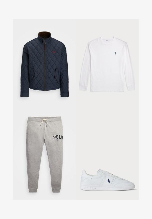Marineblå quiltet jakke med høy krage, glidelås, to lommer med knapp og et lite rødt emblem på brystet. Myk tekstur.; Hvit langermet T-skjorte laget av bomull. Har rund hals, ribbestrikkede mansjetter, og en liten marineblå polo-logo på venstre bryst.; Grå joggebukser med snøring i livet, ribbestrikkede ankler, sidelommer og "POLO Ralph Lauren"-logo på øvre venstre lår.; Hvit lær sneakers med en jevn tekstur, med snøring, en marine logo på siden, og en holdbar gummisåle.