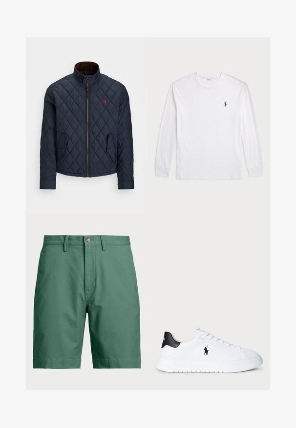 Sötétkék steppelt dzseki magas gallérral, cipzáras záródással, két gombos zsebbel és egy kis piros emblémával a mellkason. Puha tapintású.; Fehér, hosszú ujjú póló, pamutból készült. Kerek nyakkivágással, bordás mandzsettákkal és egy kis sötétkék polo logóval a bal mellen.; Zöld pamut sort gombos záródással és övhurkokkal. Egyszerű dizájn, egyenes szabással, látható minták vagy díszítések nélkül.; Fehér alacsony szárú sportcipő fekete saroktabbal és fekete Polo Ralph Lauren logóval az oldalon, fehér fűzőkkel és vastag gumitalppal.