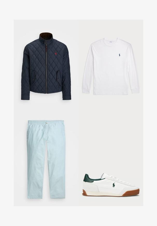 Námořnický prošívaný kabát s vysokým límcem, zipovým zapínáním, dvěma kapsami na knoflíky a malou červenou emblém na hrudi. Měkká textura.; Bílé tričko s dlouhým rukávem vyrobené z bavlny. Má kulatý výstřih, žebrované manžety a malé námořnické modré logo polo na levé hrudi.; Světle modré kalhoty z bavlněné směsi s elastickým pasem, předním knoflíkem a rovnými nohavicemi. Mají jemnou strukturu a boční kapsy.; Bílé tenisky se zelenými koženými akcenty a béžovou gumovou podrážkou. Vlastnosti zahrnují textilní tělo a výrazné logo na boku. Šněrovací design.