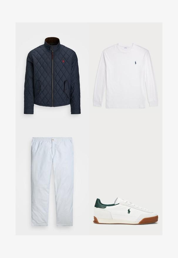Námořnický prošívaný kabát s vysokým límcem, zipovým zapínáním, dvěma kapsami na knoflíky a malou červenou emblém na hrudi. Měkká textura.; Bílé tričko s dlouhým rukávem vyrobené z bavlny. Má kulatý výstřih, žebrované manžety a malé námořnické modré logo polo na levé hrudi.; Svetle modré pruhované kalhoty vyrobené z lehké tkaniny. Jsou vybaveny elastickým pasem s knoflíkovým zapínáním a rovnými nohavicemi.; Bílé tenisky se zelenými koženými akcenty a béžovou gumovou podrážkou. Vlastnosti zahrnují textilní tělo a výrazné logo na boku. Šněrovací design.