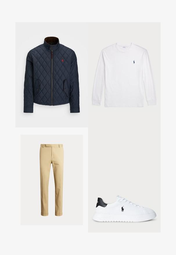 Mornarska podložena jakna z visokim ovratnikom, zadrgo, dvema žepoma na gumb in majhnim rdečim emblemom na prsih. Mehka tekstura.; Bela dolga majica s dolgimi rokavi iz bombaža. Ima okroglo ovratnico, rebraste manšete in majhen temno moder polo logo na levem prsnem delu.; Kahe barvni chinos narejeni iz gladkega bombažnega blaga, ki ponujajo prilegan dizajn, sprednje pregibe in manšete pri gležnju za ozko silhueto.; Bela nizka športna obutev s črnim petnim delom in črnim logotipom Polo Ralph Lauren na strani, z belimi vezalkami in debelim gumijastim podplatom.