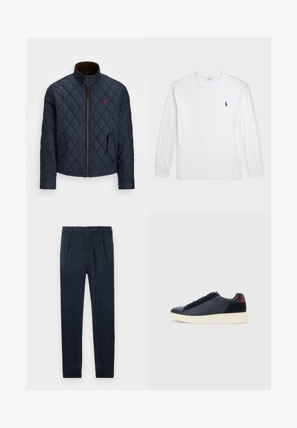 Marineblå quiltet jakke med høy krage, glidelås, to lommer med knapp og et lite rødt emblem på brystet. Myk tekstur.; Hvit langermet T-skjorte laget av bomull. Har rund hals, ribbestrikkede mansjetter, og en liten marineblå polo-logo på venstre bryst.; Mørkeblå bukser laget av mykt stoff, med et elegant design, lommer og knappelukking. Jevn tekstur med en skreddersydd passform.; Lave herresko i sort læder og ruskind med maroon hælflap og hvid gummisål, set fra ydersiden.