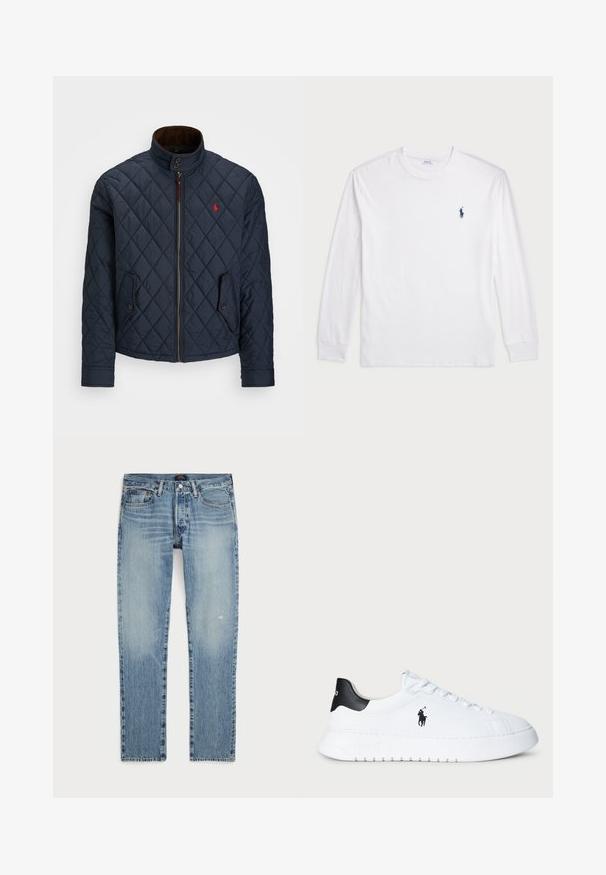 Granatowa pikowana kurtka z wysokim kołnierzem, zapięciem na zamek, dwoma kieszeniami zapinanymi na guziki oraz małym czerwonym emblematem na piersi. Miękka tekstura.; Biały t-shirt z długim rękawem wykonany z bawełny. Posiada okrągły dekolt, ściągacze przy mankietach oraz małe granatowe logo polo na lewej piersi.; Jasnoniebieskie dżinsy z prostym krojem nogawki, z wyblakłym wykończeniem, delikatnymi przetarciami oraz standardowym pięciopunktowym fasonem.; Białe niskie trampki z czarnym futerkiem na pięcie i czarnym logo Polo Ralph Lauren z boku, z białymi sznurówkami i grubą gumową podeszwą.