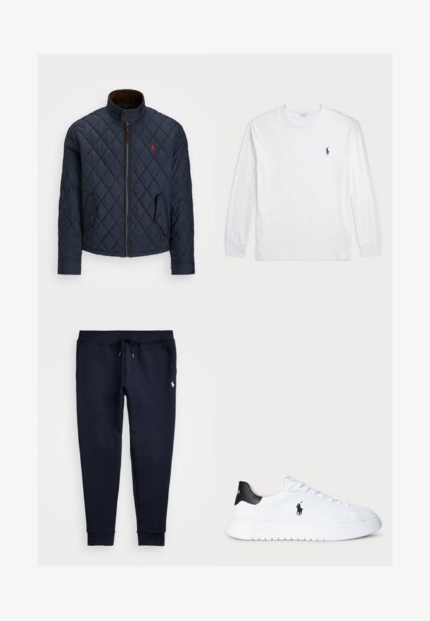 Marineblå quiltet jakke med høy krage, glidelås, to lommer med knapp og et lite rødt emblem på brystet. Myk tekstur.; Hvit langermet T-skjorte laget av bomull. Har rund hals, ribbestrikkede mansjetter, og en liten marineblå polo-logo på venstre bryst.; Mørkeblå joggebukser med snor i livet, elastiske mansjetter og en liten hvit logo på øvre venstre legg. Myk tekstur.; Hvit lavt beskåret sneaker med svart hælflik og svart Polo Ralph Lauren-logo på siden, med hvite lisser og tykk gummisåle.